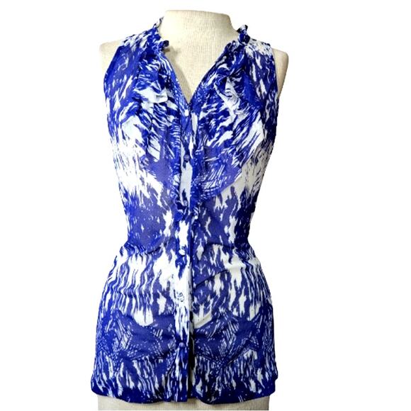 Blue and White Button Up Sleeveless Blouse Size Medium - Picture 1 of 4
